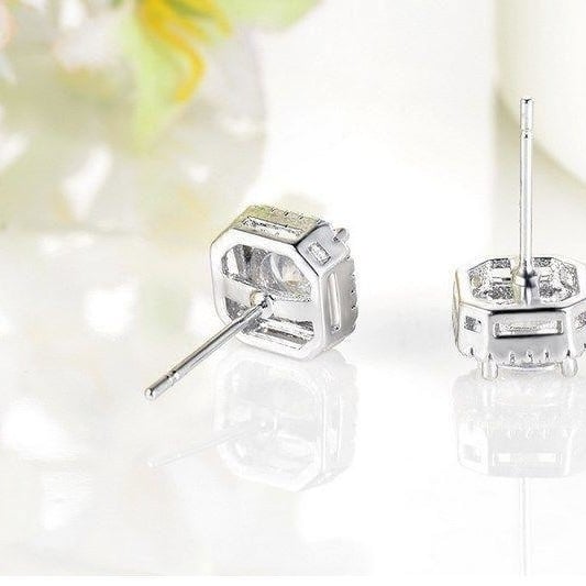 Sterling Silver Pave Cubic Zirconia 8mm Square Round Stud Earrings Gift Box S1 Image 1