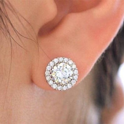 Sterling Silver Platinum Plated CZ Round Halo Stud Earrings Image 1