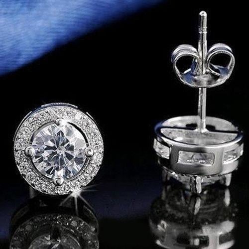 Sterling Silver Platinum Plated CZ Round Halo Stud Earrings Image 2