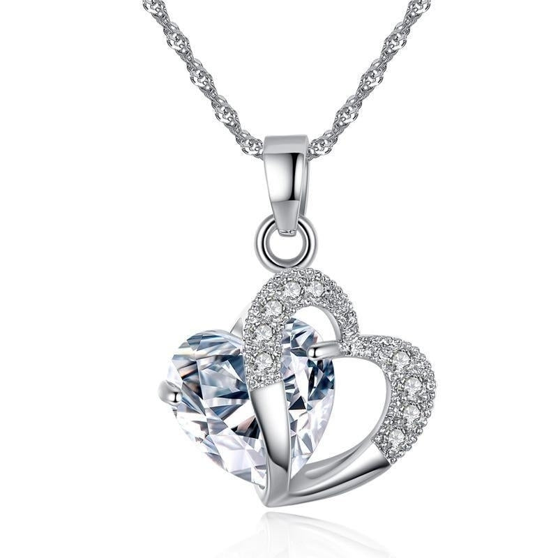 White Gold Color AAA+ Clear Crystal Cluster Cubic Zirconia CZ Double Hearts Chain Pendant Necklace for Women Festive Hot Image 3