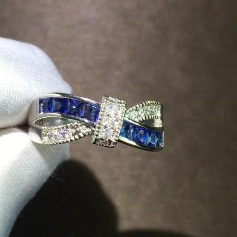 White Gold Plated Cross Blue Engagement Ring Image 4