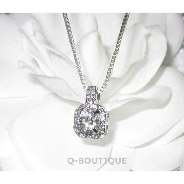 Womens Fashion Necklace Crystal Pendant Halo Cubic Zirconia Platinum Chain Gift Image 2