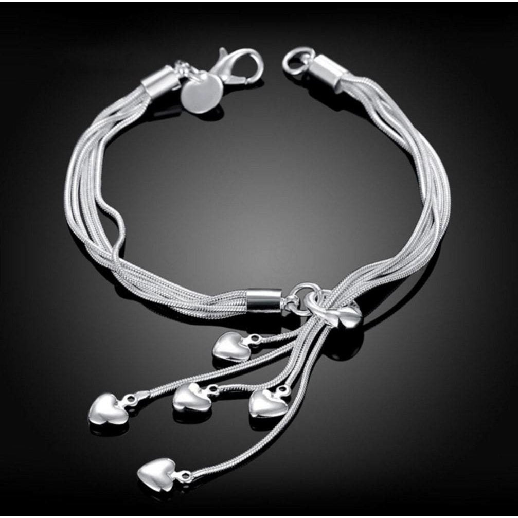 925 Silver Tassel Heart Chain Elegant Bracelet Bangle Women Jewelry Image 1