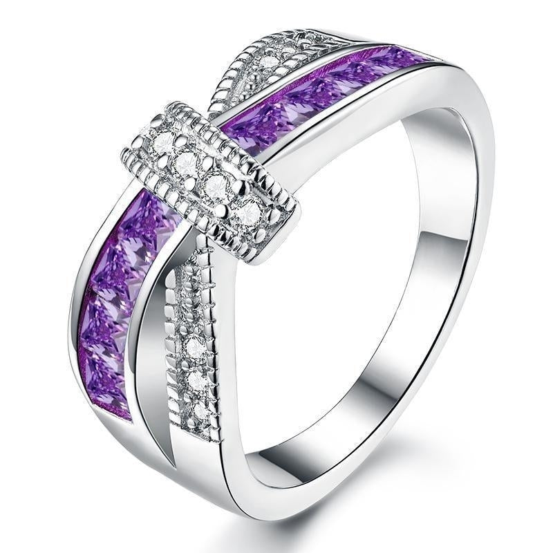 Purple Criss Cross White Gold Plated Cubic Zirconia Ring Image 3