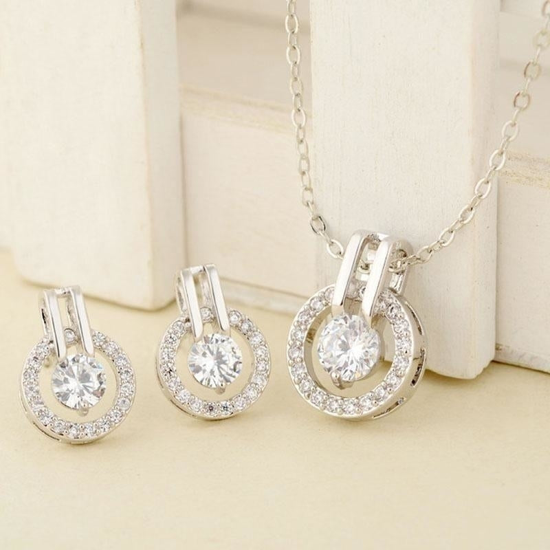 Silver Rose Gold Round Pave Crystal Jewelry Set Image 4