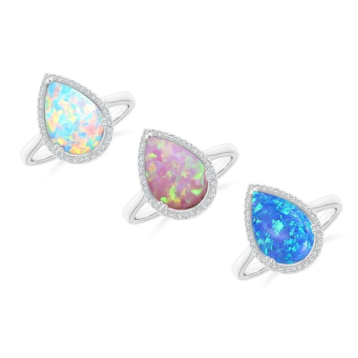 White Blue Or Pink Opal Pear Cut Halo Ring Image 1