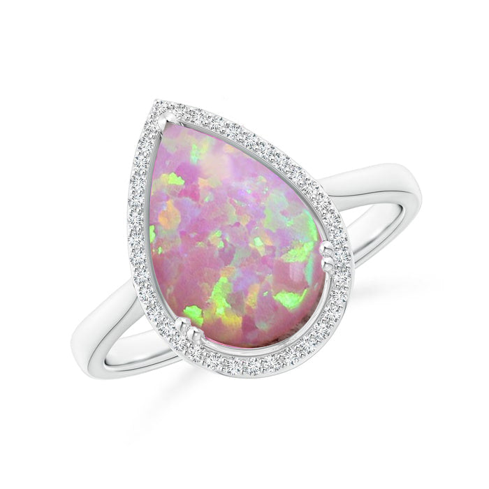 White Blue Or Pink Opal Pear Cut Halo Ring Image 4