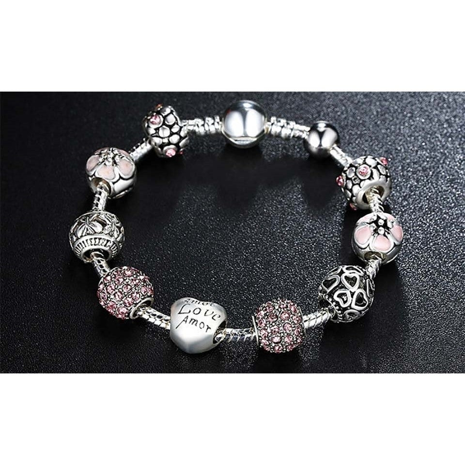 Pink Swarovski Crystal Love Heart Charm Bracelet Image 2