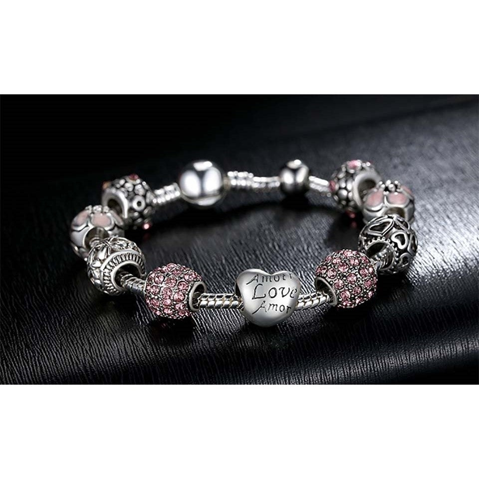 Pink Swarovski Crystal Love Heart Charm Bracelet Image 3