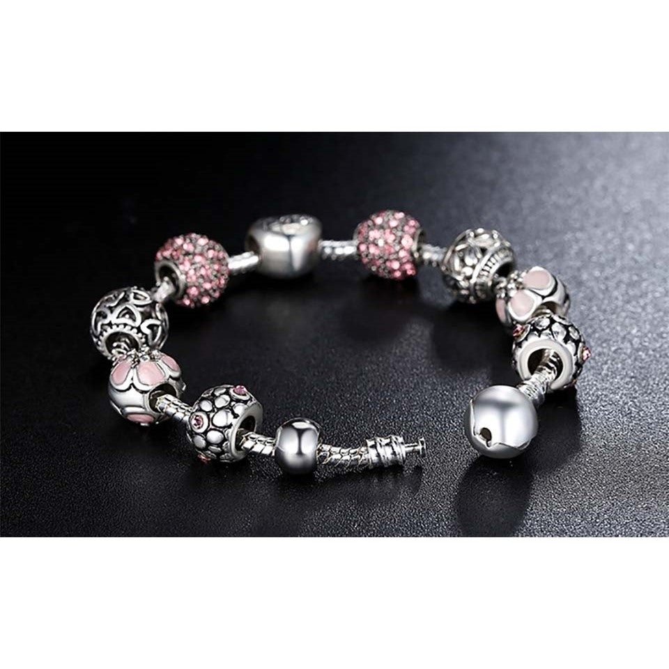Pink Swarovski Crystal Love Heart Charm Bracelet Image 4