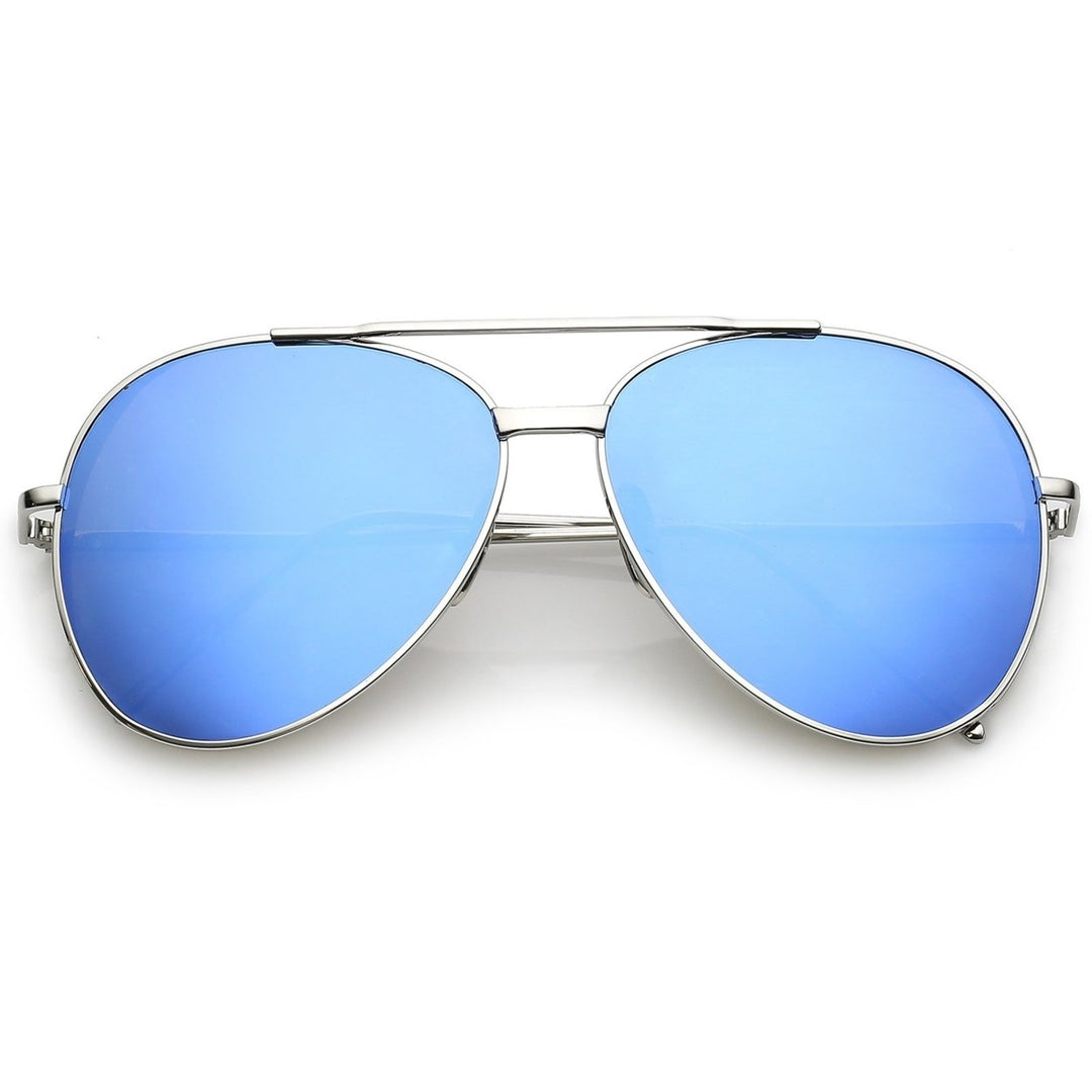 Classic Crossbar Metal Aviator Sunglasses Slim Arms Color Mirrored Teardrop Flat Lens 56mm Image 1