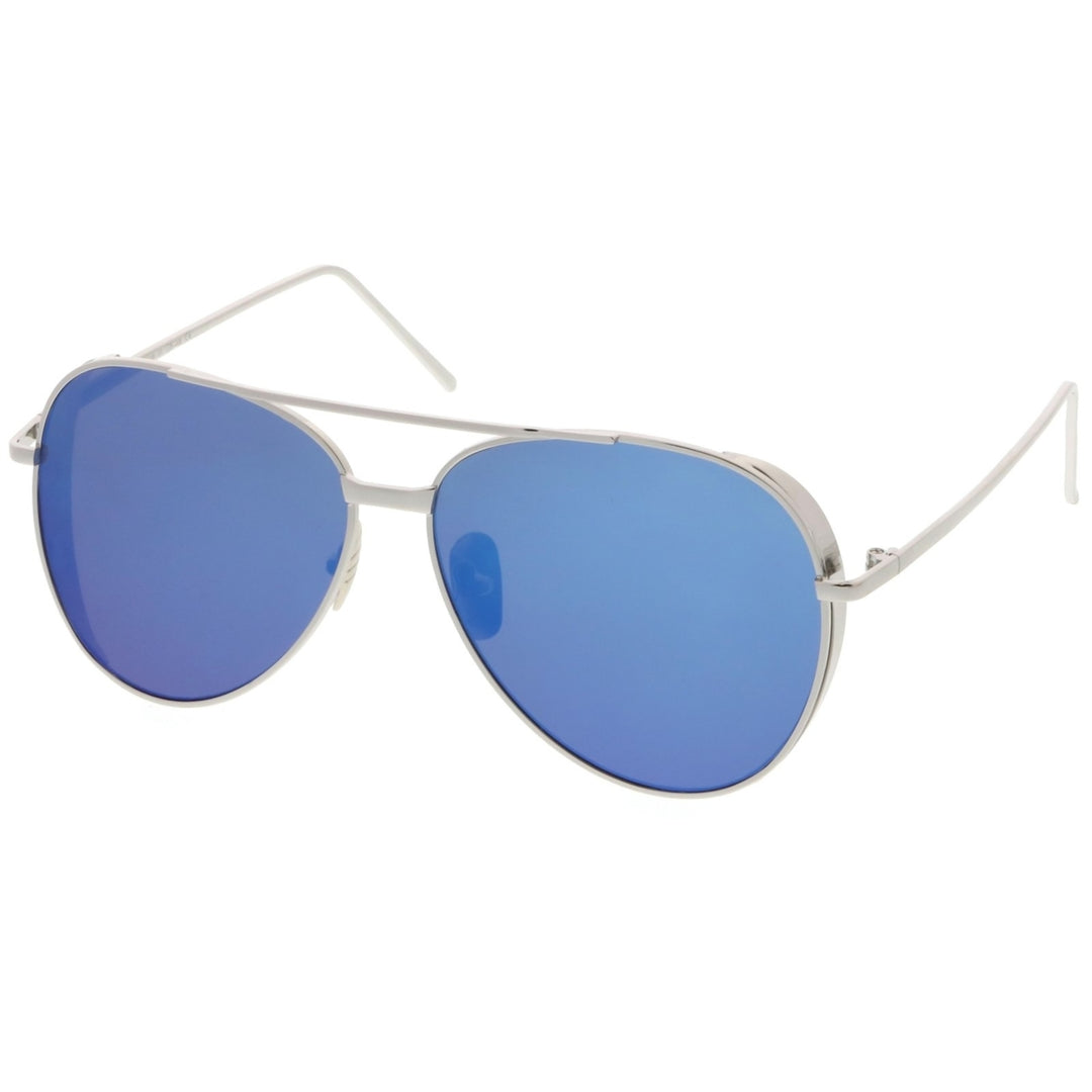 Classic Crossbar Metal Aviator Sunglasses Slim Arms Color Mirrored Teardrop Flat Lens 56mm Image 2