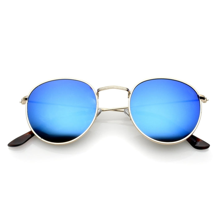 Classic Metal Slim Temple Textured Nose Bridge Mirrored Lens Round Sunglasses 49mm Image 1