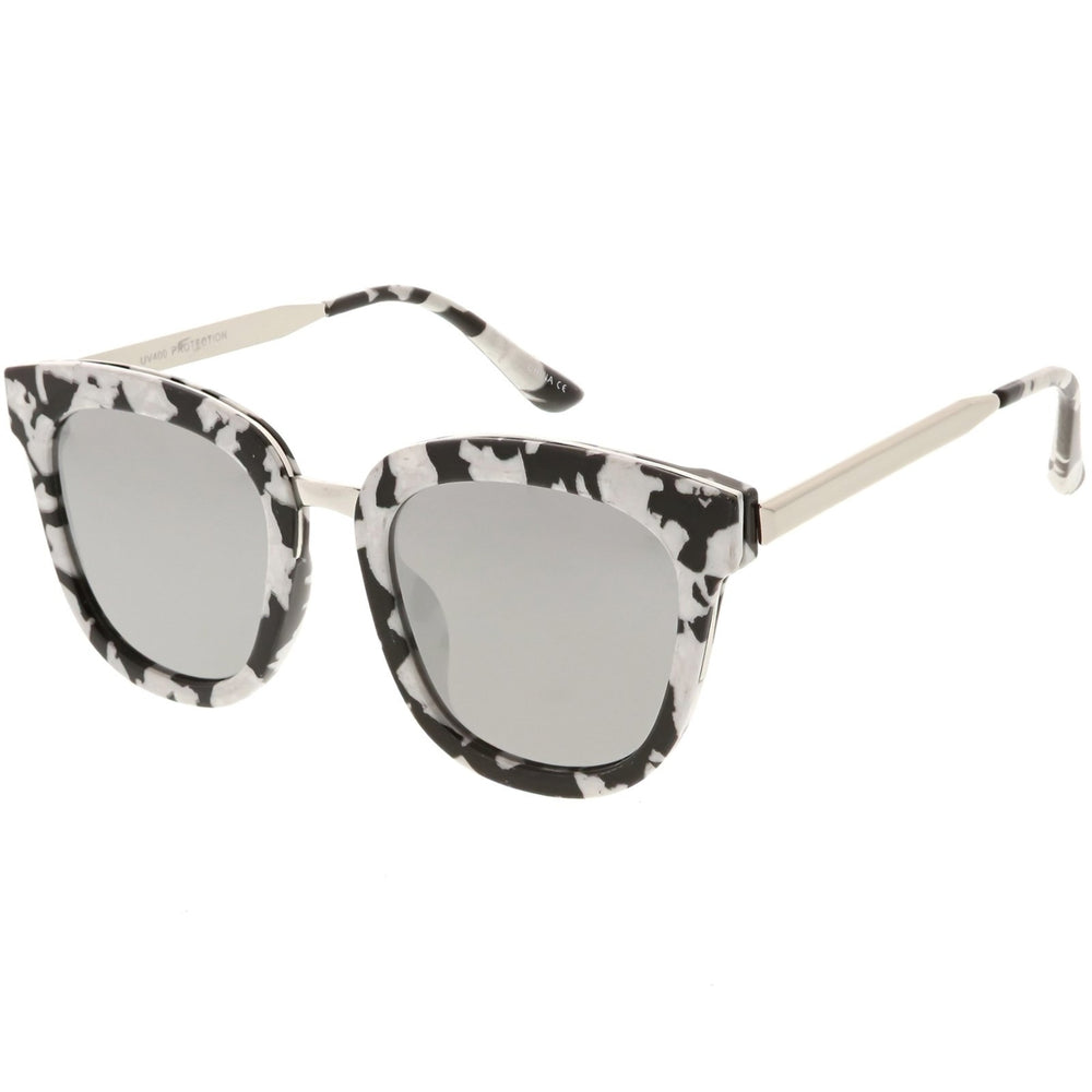 Marble Printed Horn Rimmed Sunglasses Metal Nose Bridge Colored Mirror Square Flat Lens 49mm Image 2