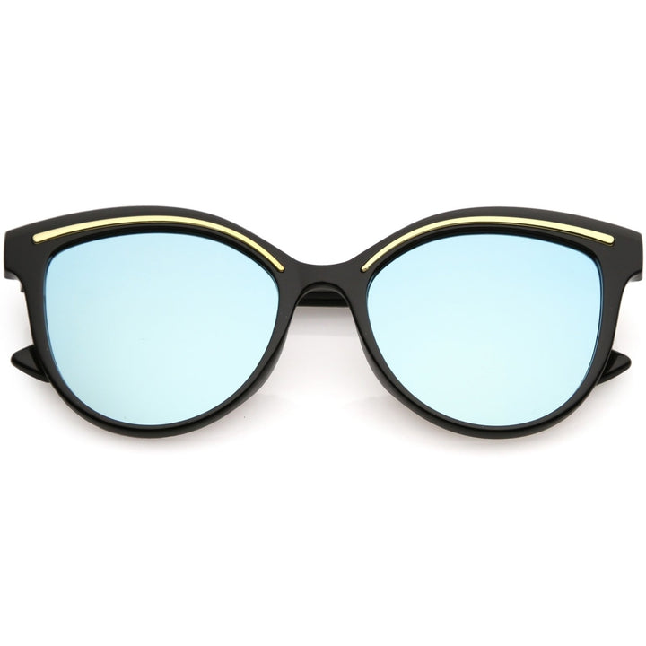 Modern Cat Eye Sunglasses Metal Brow Detail Round Colored Mirror Flat Lens 53mm Image 1