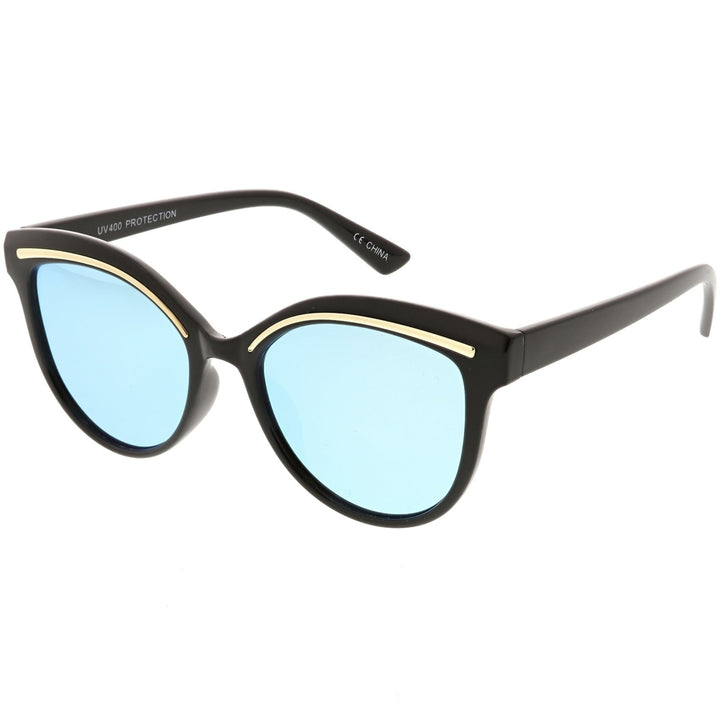 Modern Cat Eye Sunglasses Metal Brow Detail Round Colored Mirror Flat Lens 53mm Image 2