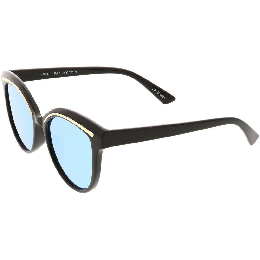 Modern Cat Eye Sunglasses Metal Brow Detail Round Colored Mirror Flat Lens 53mm Image 3