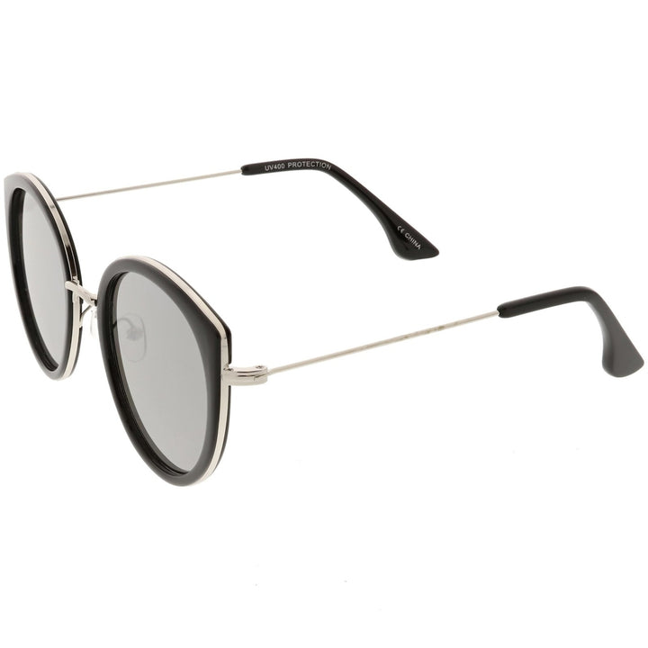 Modern Cat Eye Sunglasses Metal Trim Round Colored Mirror Flat Lens 53mm Image 3