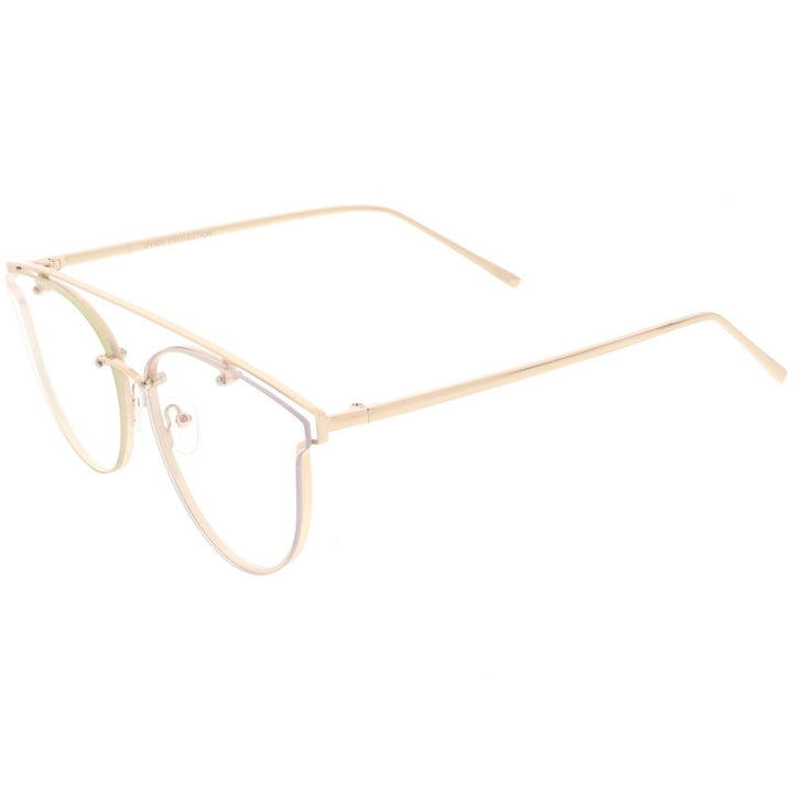 Modern Crossbar Horn Rimmed Rimless Eyeglasses Clear Round Flat Lens 58mm Image 3