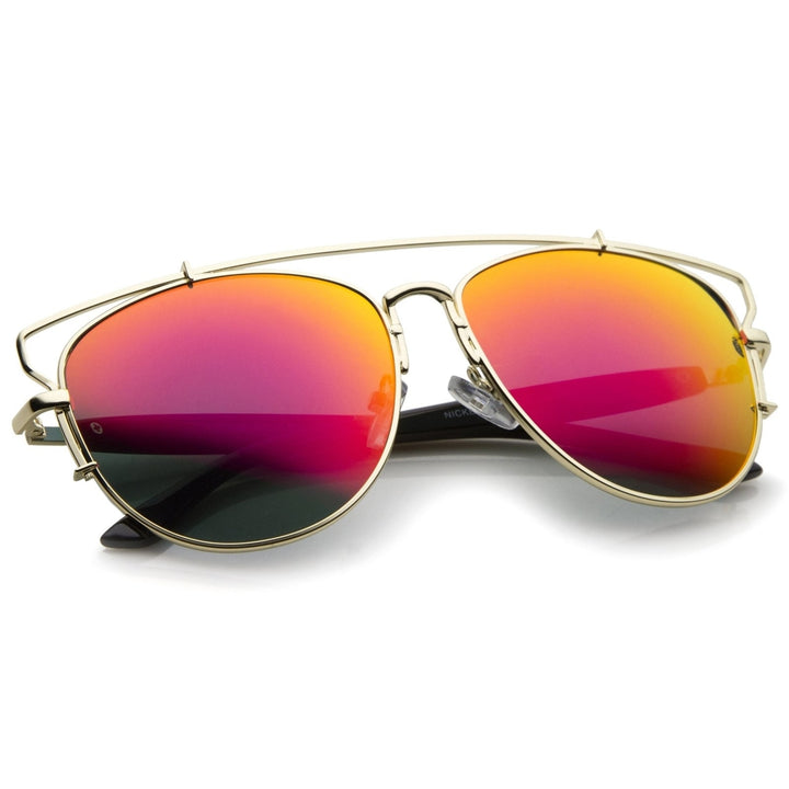 Modern Full Metal Crossbar Open Design Colored Mirror Aviator Sunglasses 58mm Image 4