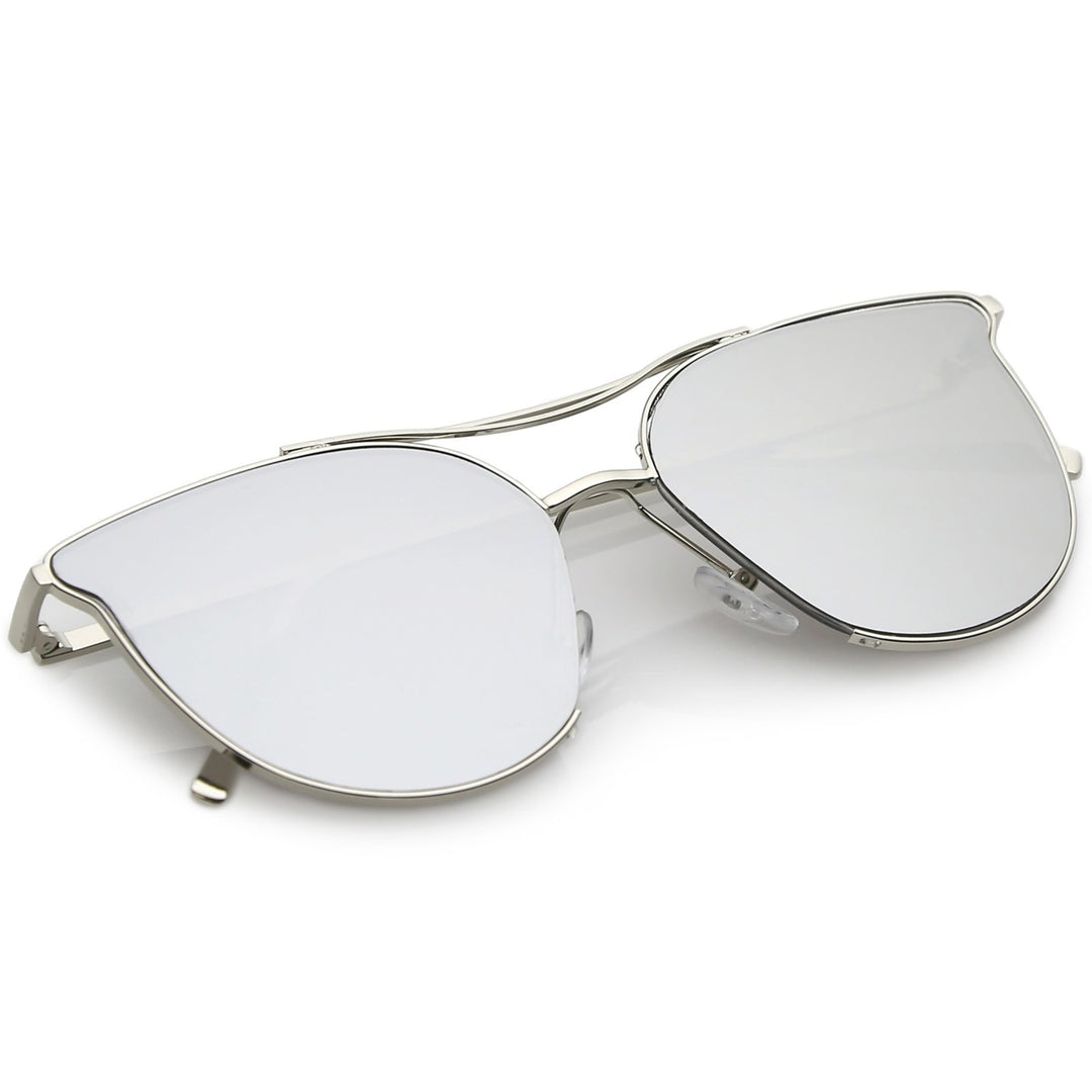Modern Metal Cat Eye Sunglasses With Double Nose Bridge Round Mirrored Flat Lens 55mm Image 4