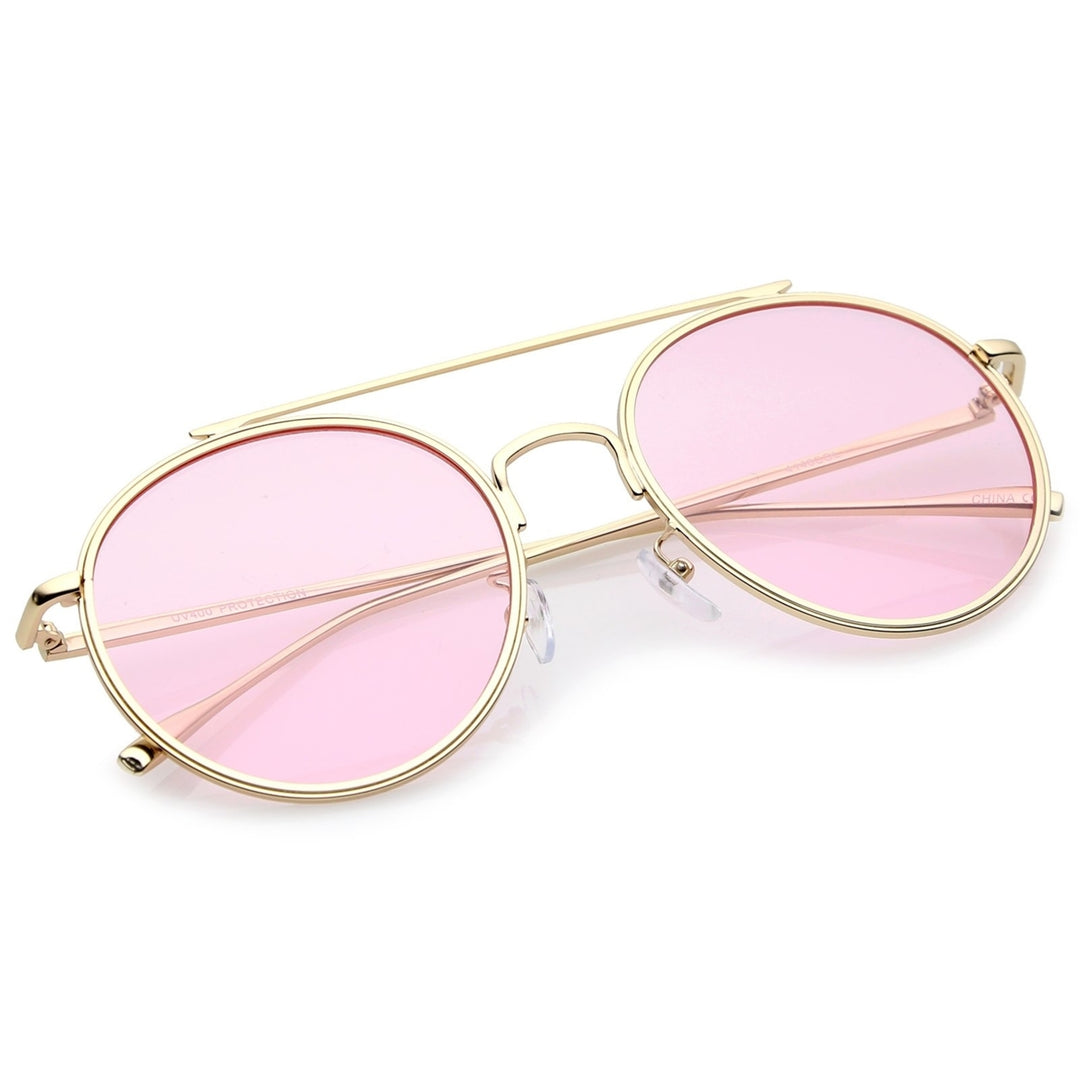 Modern Metal Crossbar Slim Temple Colored Flat Lens Round Aviator Sunglasses 54mm Image 4