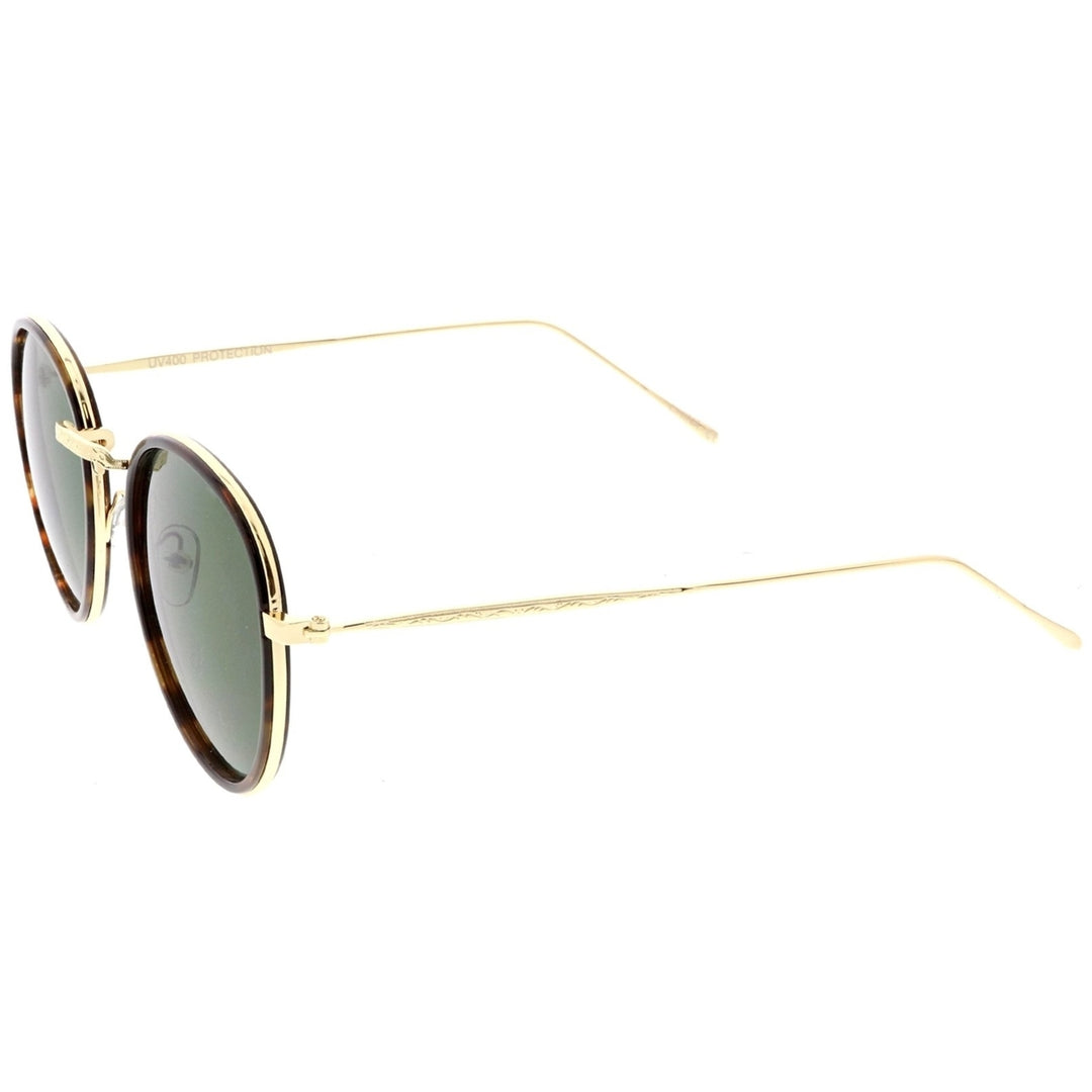Modern Round Sunglasses Engraved Slim Metal Arms Neutral Color Flat Lens Image 3