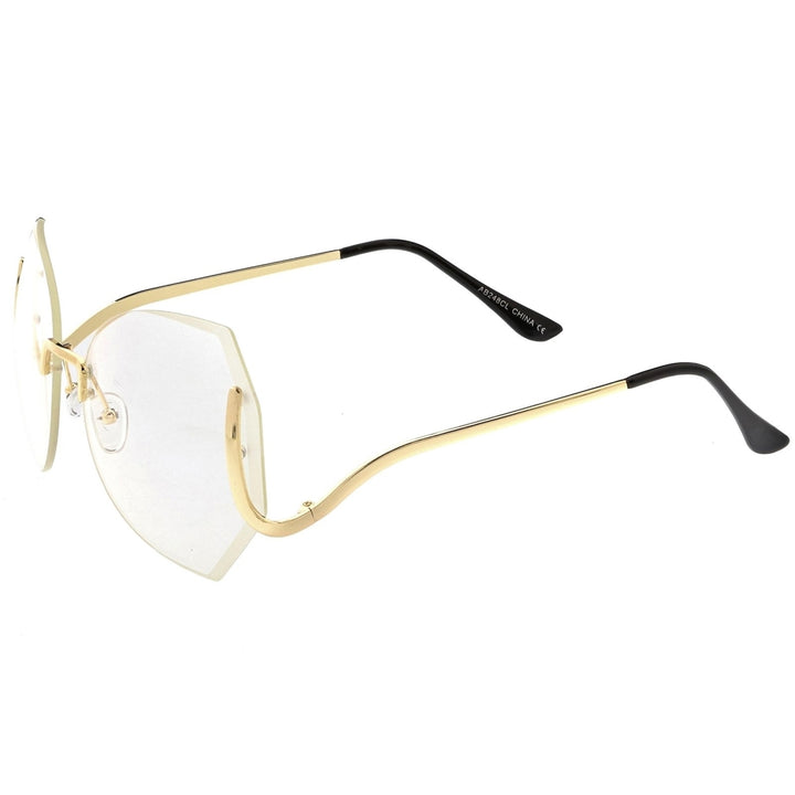 Oversize Beveled Butterfly Rimless Round Glasses Curved Metal Arms Clear Lens 60mm Image 3