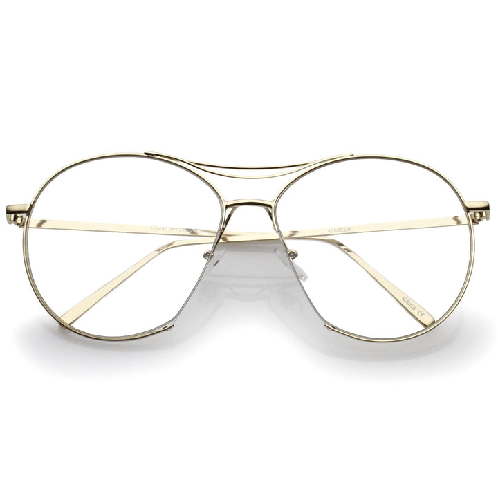 Oversize Semi-Rimless Brow Bar Round Clear Flat Lens Aviator Eyeglasses 59mm Image 1