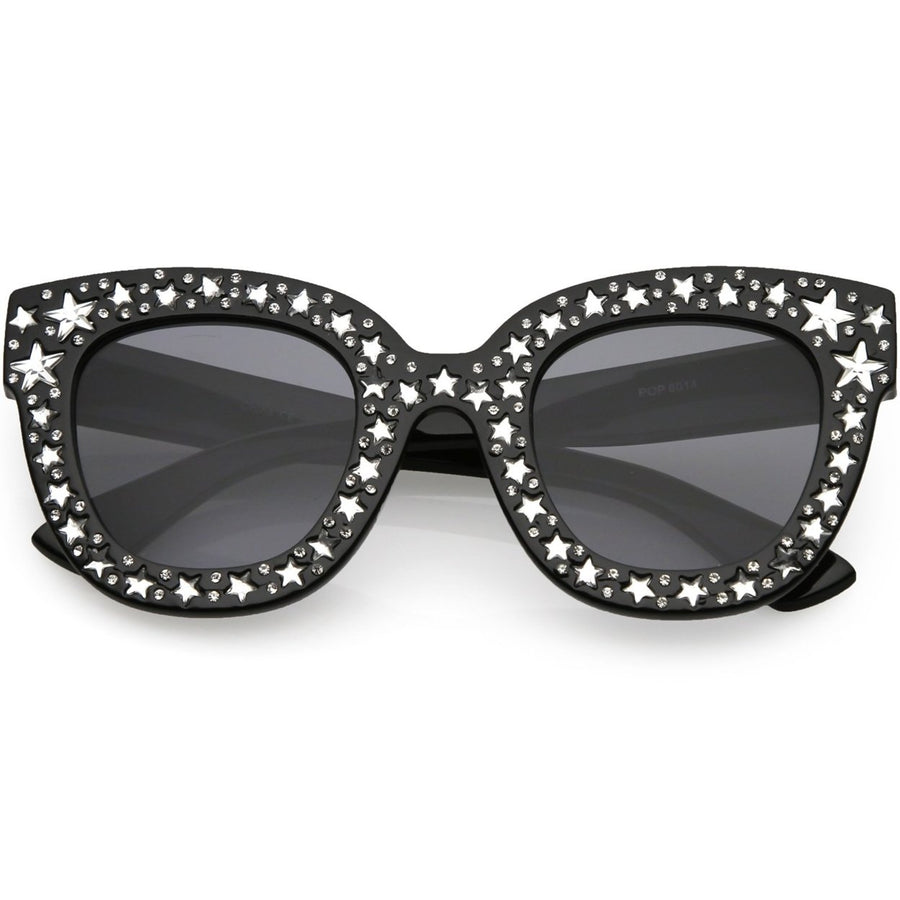 Oversize Star Rhinestones Cat Eye Sunglasses Wide Arms Square Lens 48mm Image 1