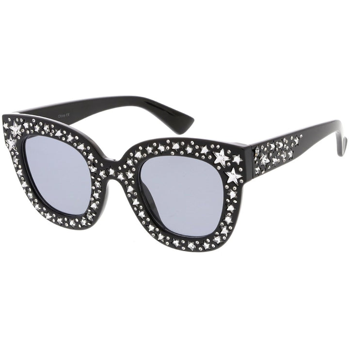 Oversize Star Rhinestones Cat Eye Sunglasses Wide Arms Square Lens 48mm Image 2
