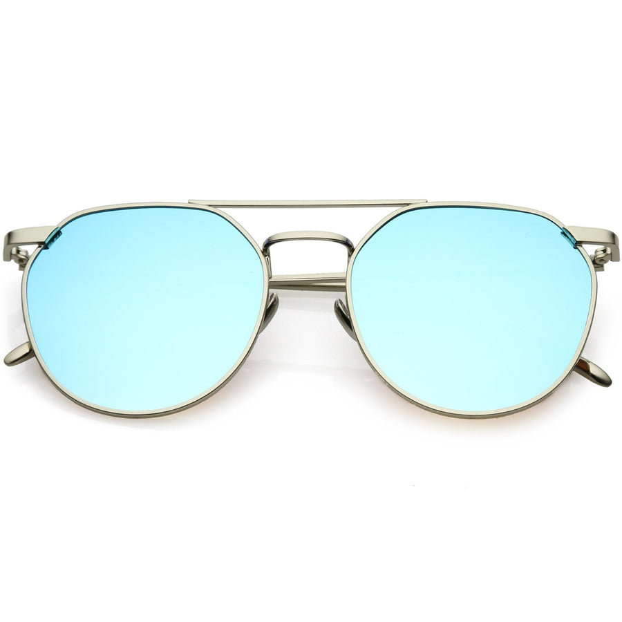 Premium Aviator Sunglasses Double Nose Bridge Colored Mirror Round Flat Lens 53mm Image 1