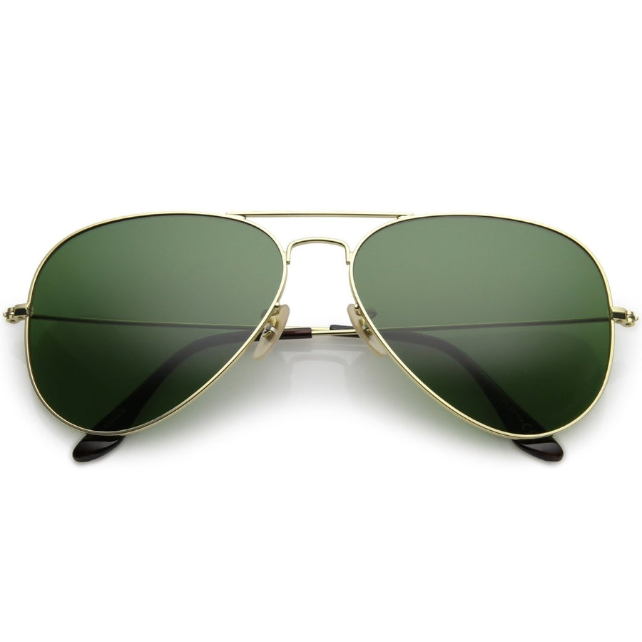 Premium Matte Metal Aviator Sunglasses Green Tinted Glass Lens 61mm Frame Image 1