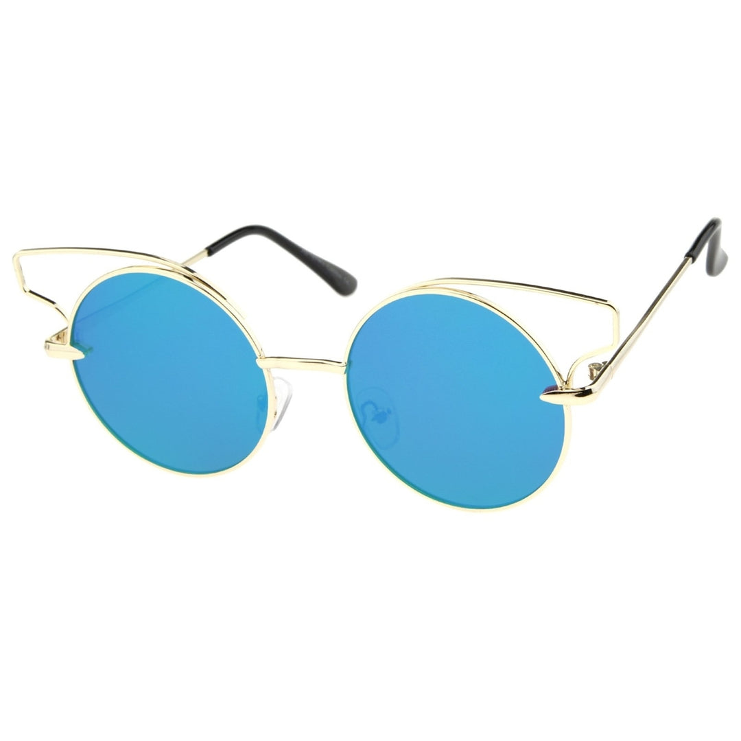 Womens Wire Open Metal Frame Color Mirror Flat Lens Round Cat Eye Sunglasses 52mm Image 3