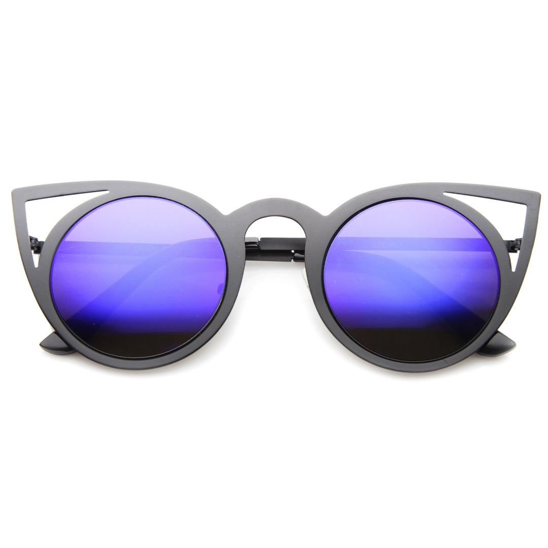 Womens Fashion Round Metal Cut-Out Flash Mirror Lens Cat Eye Sunglasses Image 1
