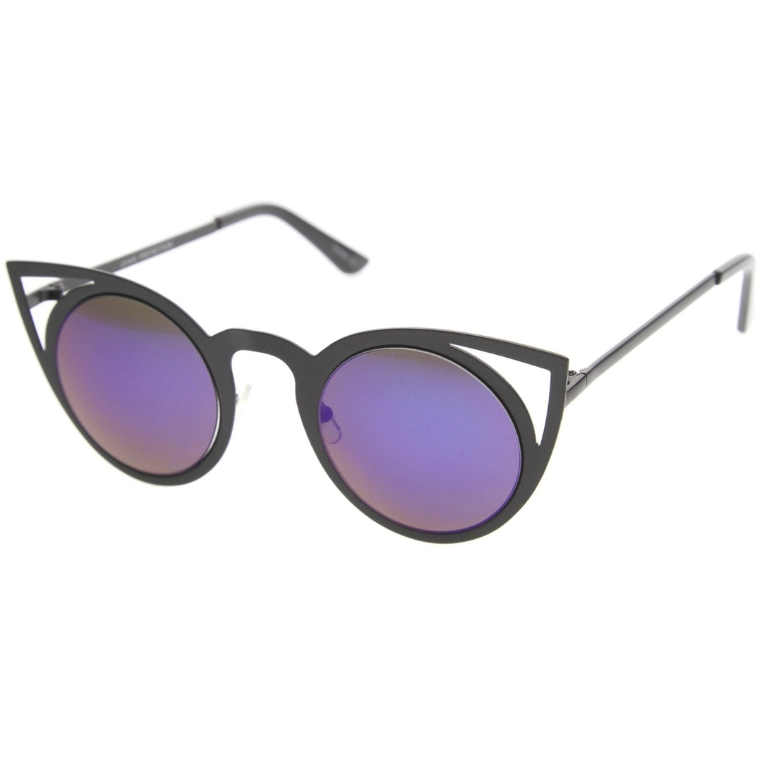 Womens Fashion Round Metal Cut-Out Flash Mirror Lens Cat Eye Sunglasses Image 2