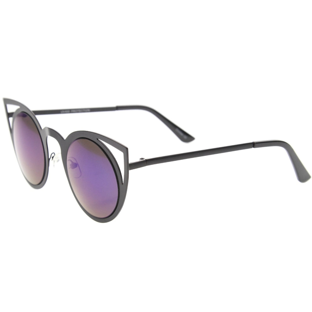 Womens Fashion Round Metal Cut-Out Flash Mirror Lens Cat Eye Sunglasses Image 3