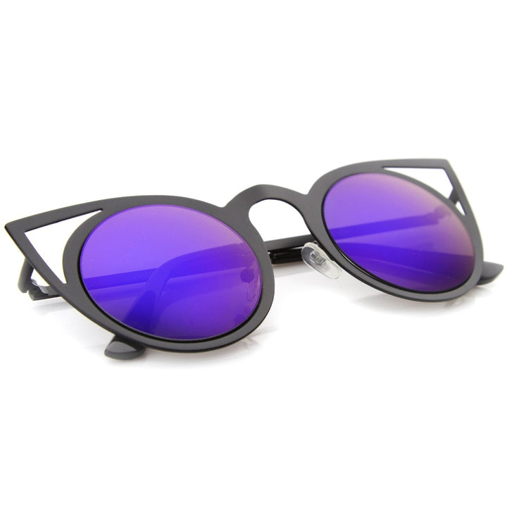 Womens Fashion Round Metal Cut-Out Flash Mirror Lens Cat Eye Sunglasses Image 4
