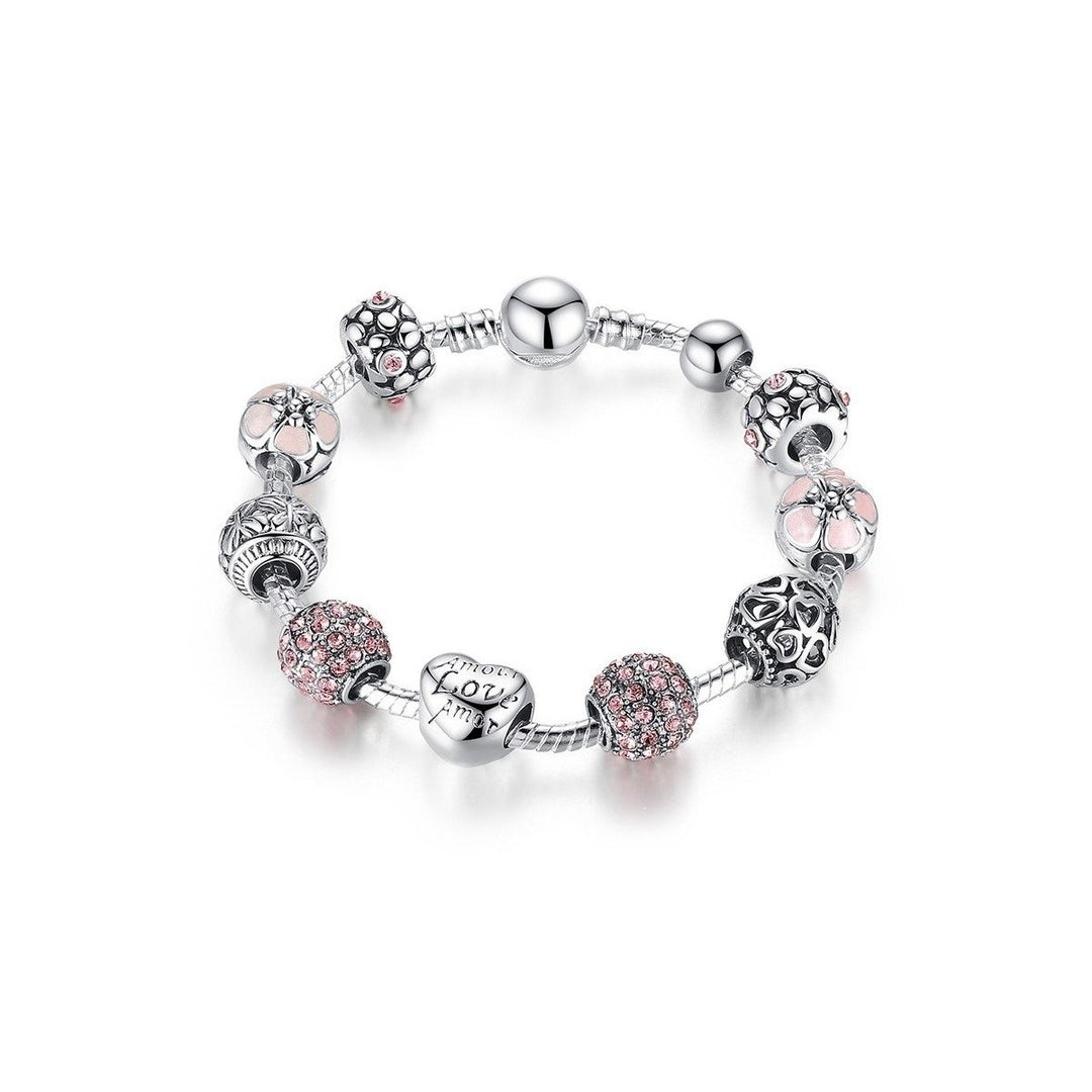 Pink Swarovski Crystal Love Heart Charm Bracelet Image 1