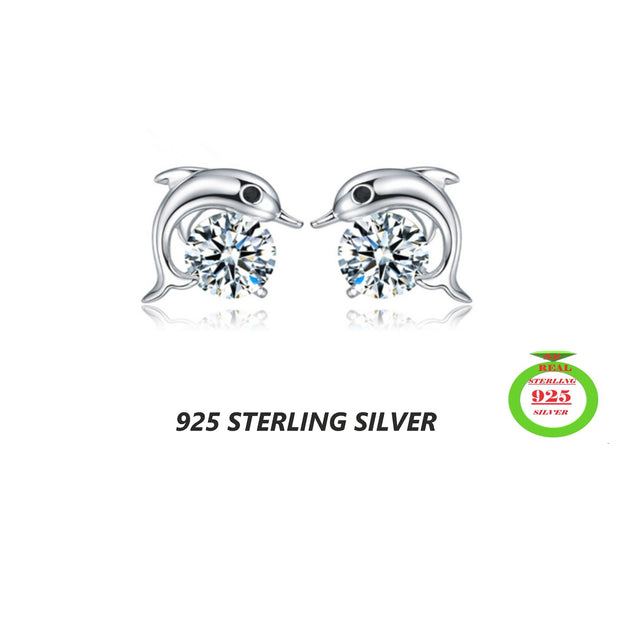 Sterling Silver Crystal Dolphin Shape Stud Earrings Image 1