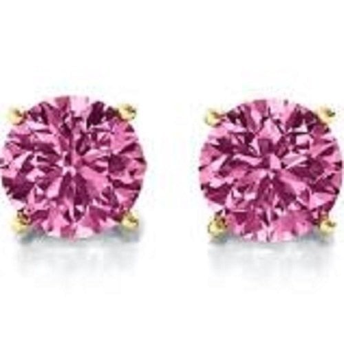 3CT Yellow Sterling Silver Pink CZ Stud Earrings 8mm Image 1
