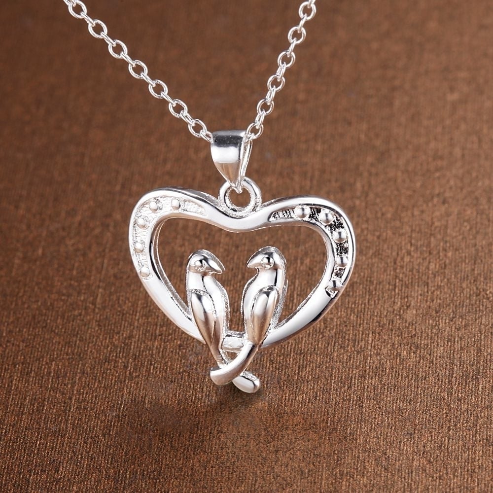 Sterling Silver Double Birds Heart Pendant Necklace Love Birds Heart Birds and Branches Pendant Necklace Image 2