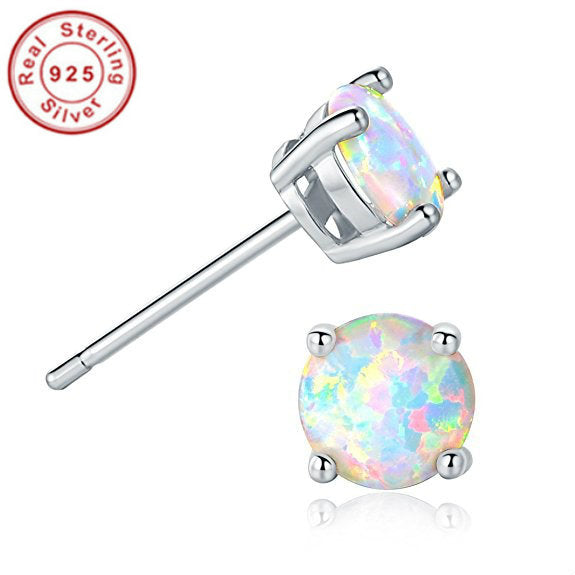 Sterling Silver 6mm Round Created White Opal Stud Earrings For Women Image 1