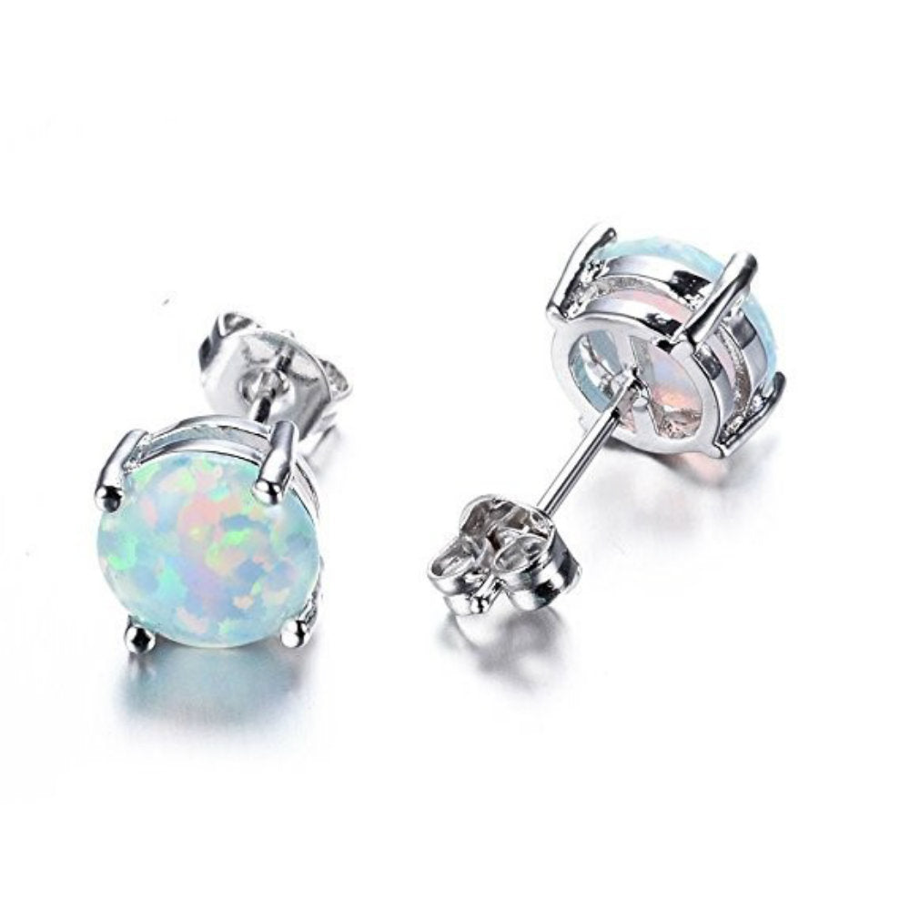 Sterling Silver 6mm Round Created White Opal Stud Earrings For Women Image 3