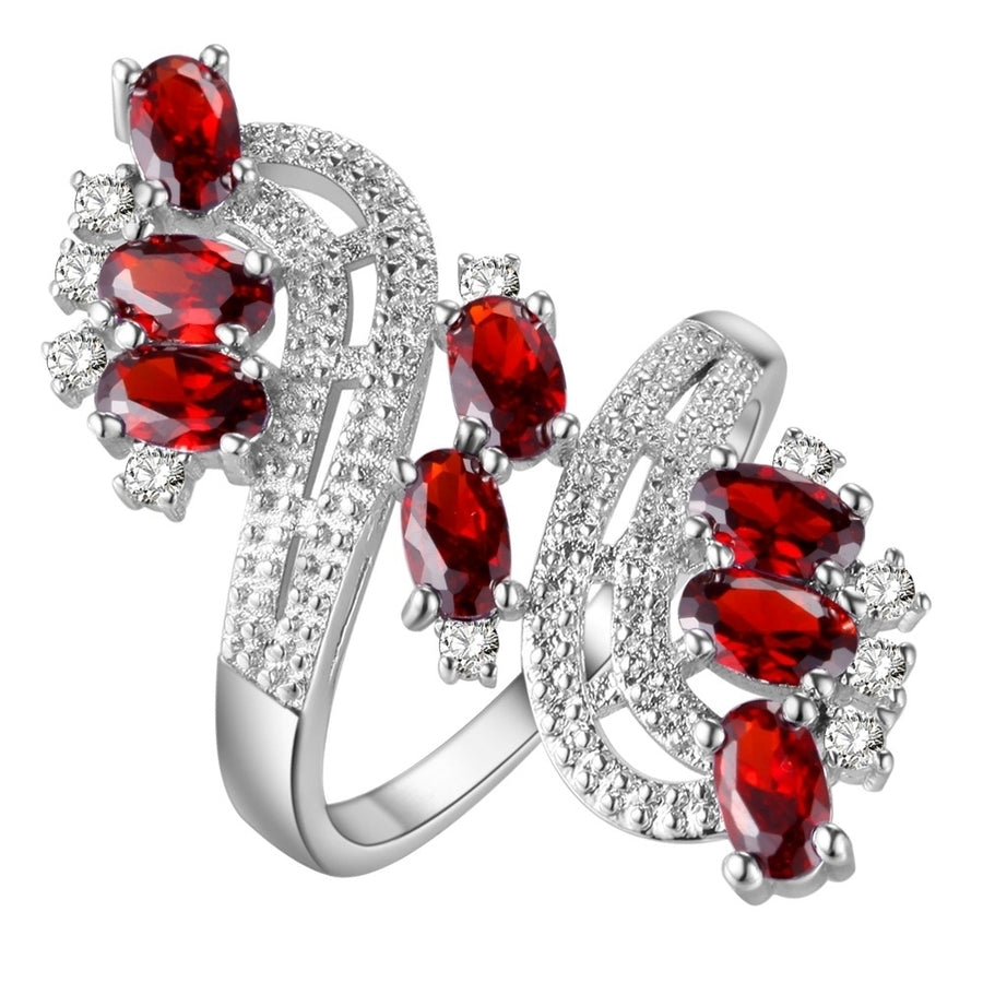 18K White Gold Plated Two-Tone Red Spinel and CZ Flower Statement Ring Image 1