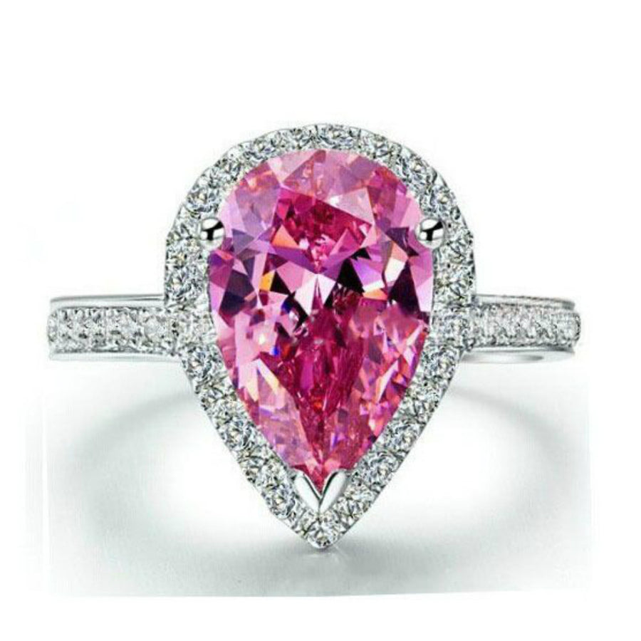 Pear Cut Halo Pink Cubic Zirconia Ring in White Gold Plated Image 1