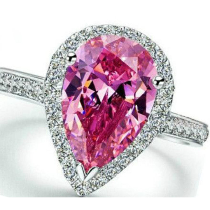 Pear Cut Halo Pink Cubic Zirconia Ring in White Gold Plated Image 2