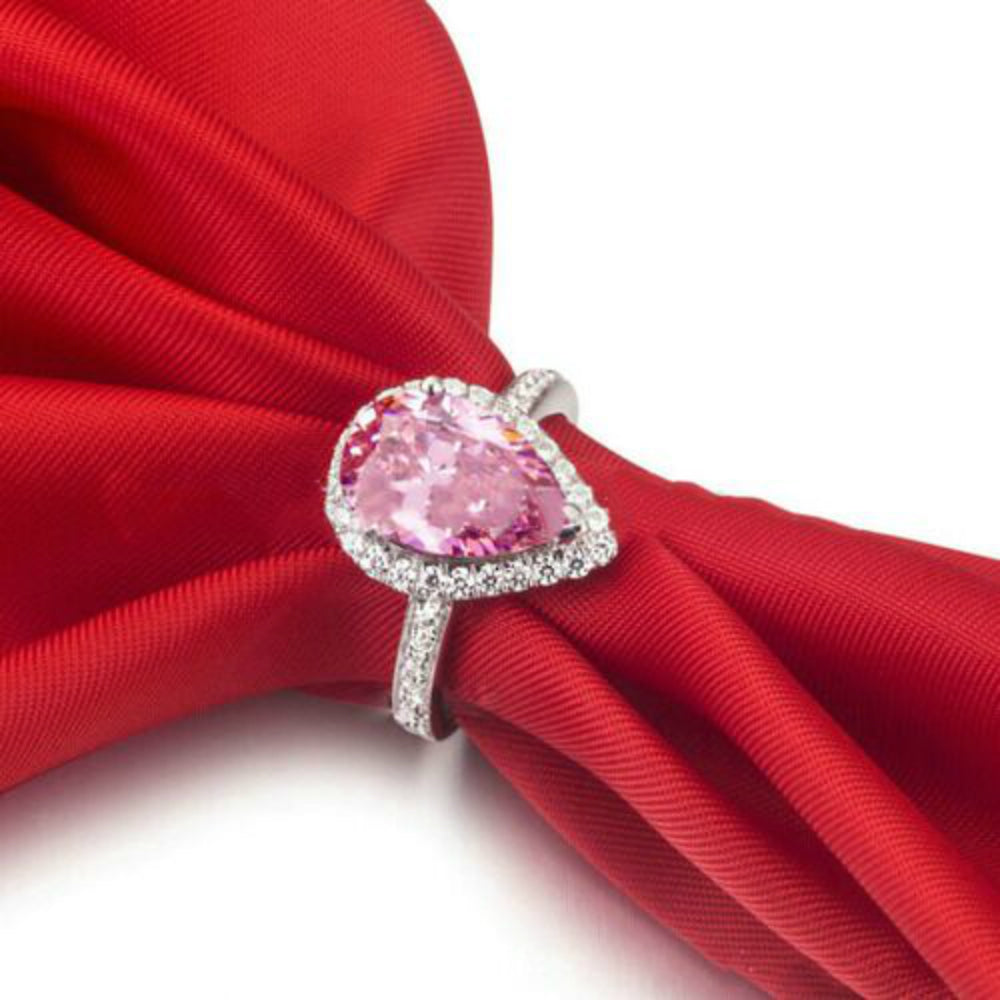 Pear Cut Halo Pink Cubic Zirconia Ring in White Gold Plated Image 3
