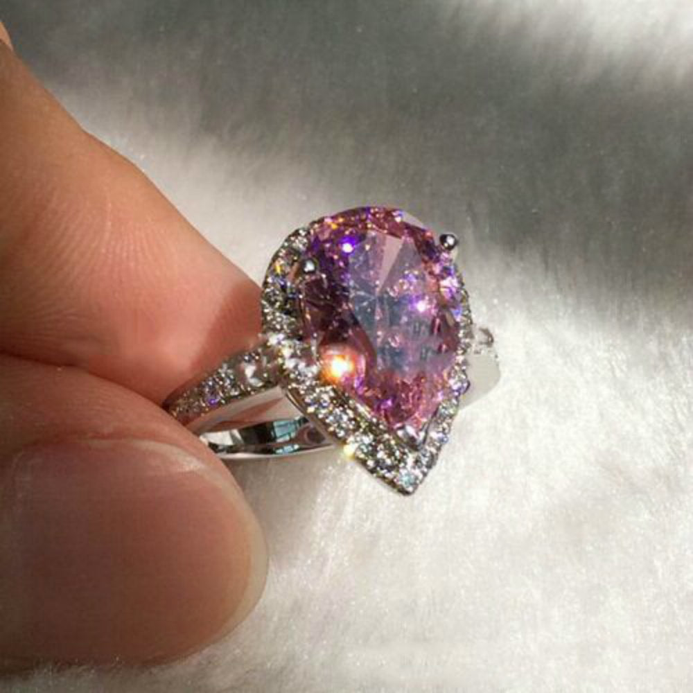 Pear Cut Halo Pink Cubic Zirconia Ring in White Gold Plated Image 4
