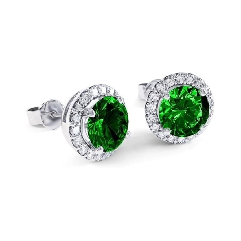 Green Emerald Halo Stud With Detailed Sides In White Gold Plating Earrings Image 1